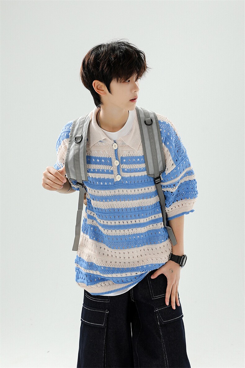 8XL-M特大码美式复古条纹撞色针织POLO衫翻领休闲短袖TDX311P35,男装T恤,电商D206-1