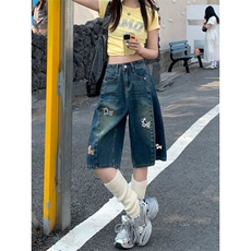 AK2255-P50美式刺绣牛仔七分裤2026新款夏季高腰直筒短裤，男装牛仔裤，星座617A-2