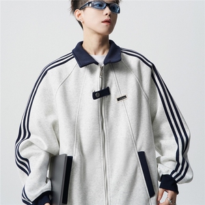美式条纹卫衣外套男女秋季高街痞帅撞色拼接棒球服学院风立领夹克图片