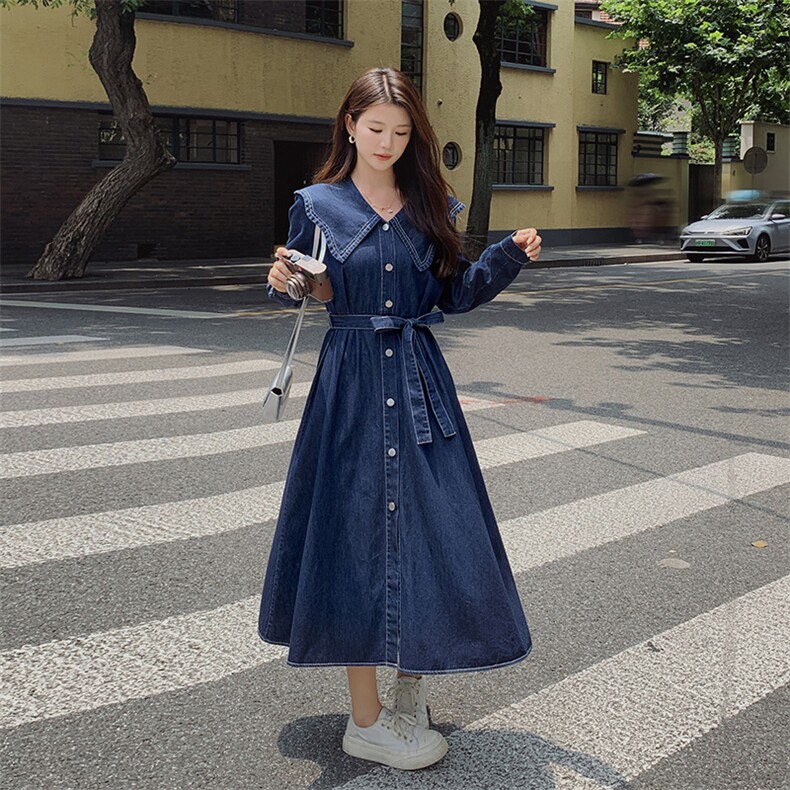 法式复古娃娃领牛仔连衣裙女春季2025新款收腰显瘦气质休闲长裙子,女装连衣裙,浙宝285（原212）
