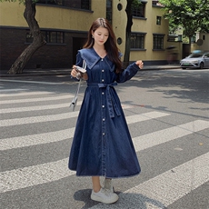 法式复古娃娃领牛仔连衣裙女春季2025新款收腰显瘦气质休闲长裙子，女装连衣裙，浙宝285（原212）