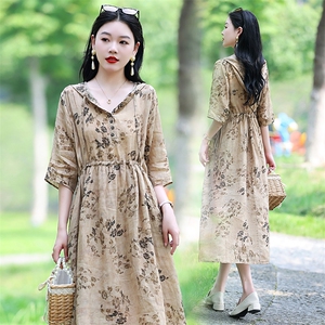 新品 优雅复古印花苎麻连衣裙女长款显瘦气质V领宽松大码女装图片