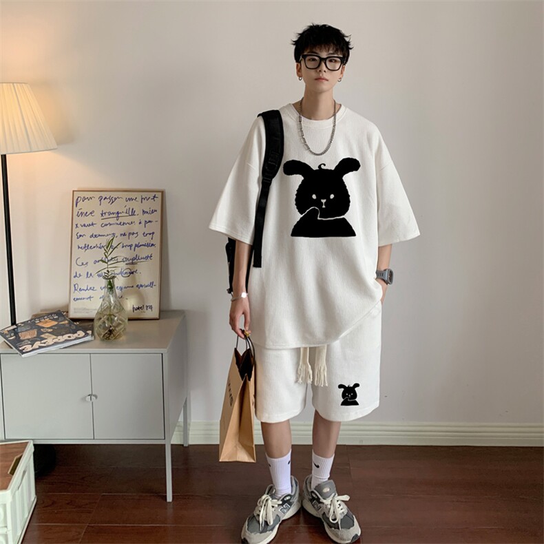 套装！华夫格套装男T恤短裤两件套大码港风TZ83-P50,男装休闲套装,电商B367