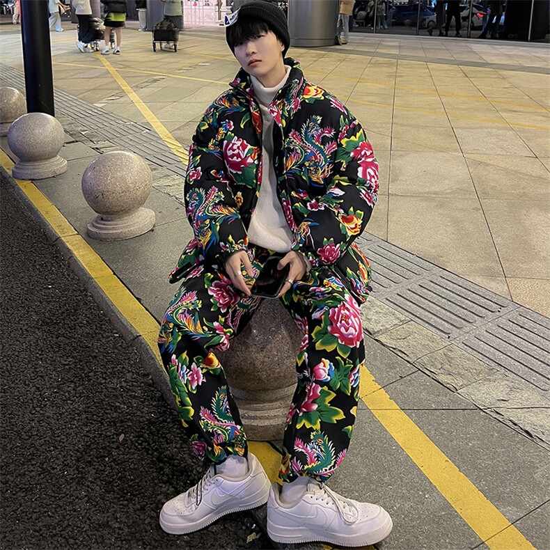 东北大花棉衣套装风汉服套装加厚保暖防寒棉服加绒裤机车H203,男装休闲套装,星座115A(原星座507）