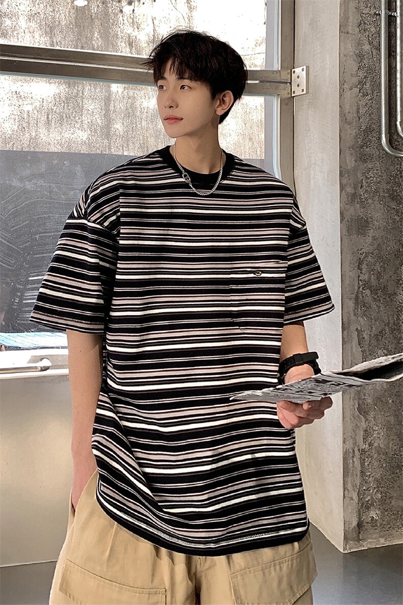 港风条纹短袖T恤男大码立体口袋设计短袖T恤男DT8768P40控59,男装T恤,星座226-1