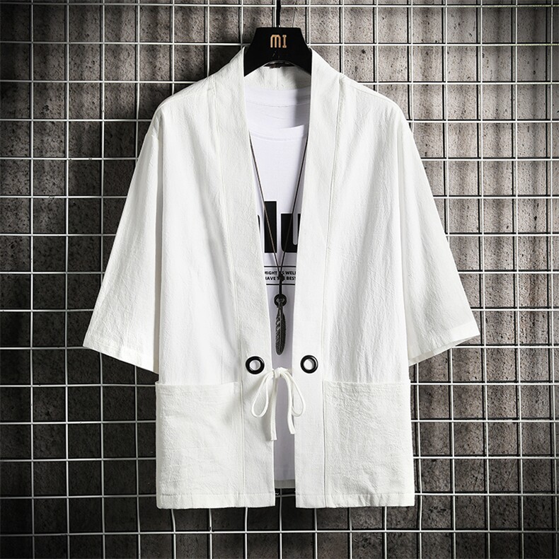 HF59116-P40风汉服男开衫外套七分袖道袍网格挂拍,男装民族服装,电商A040A