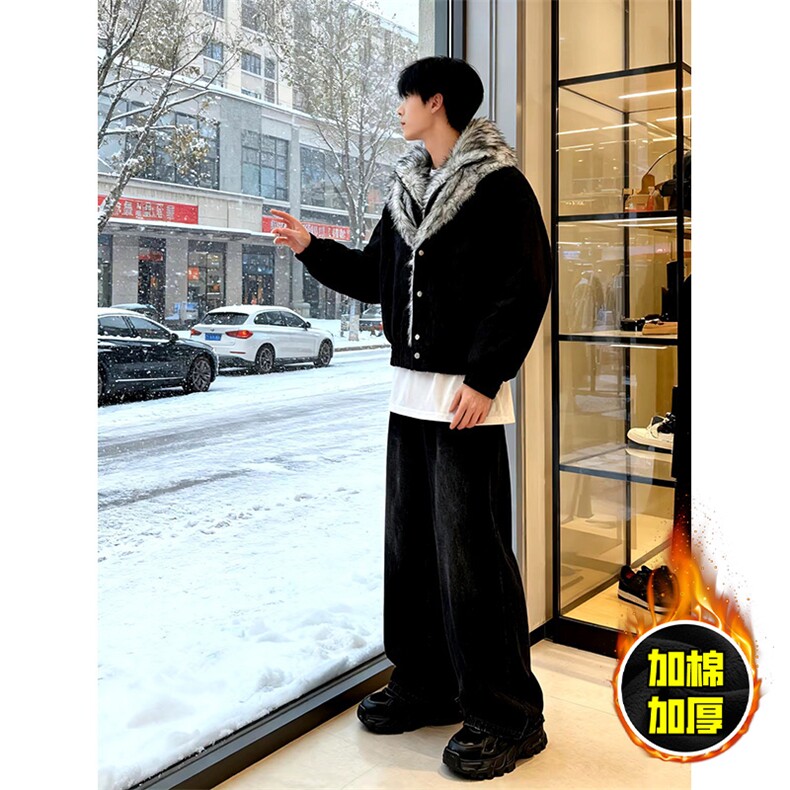 现货高品质美式高街重磅狼王座山雕毛毛领假两件棉衣加厚棉服外套，男装棉衣，电商A486