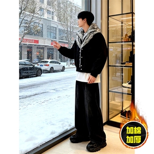 现货高品质美式高街重磅狼王座山雕毛毛领假两件棉衣加厚棉服外套,男装棉衣,电商A486