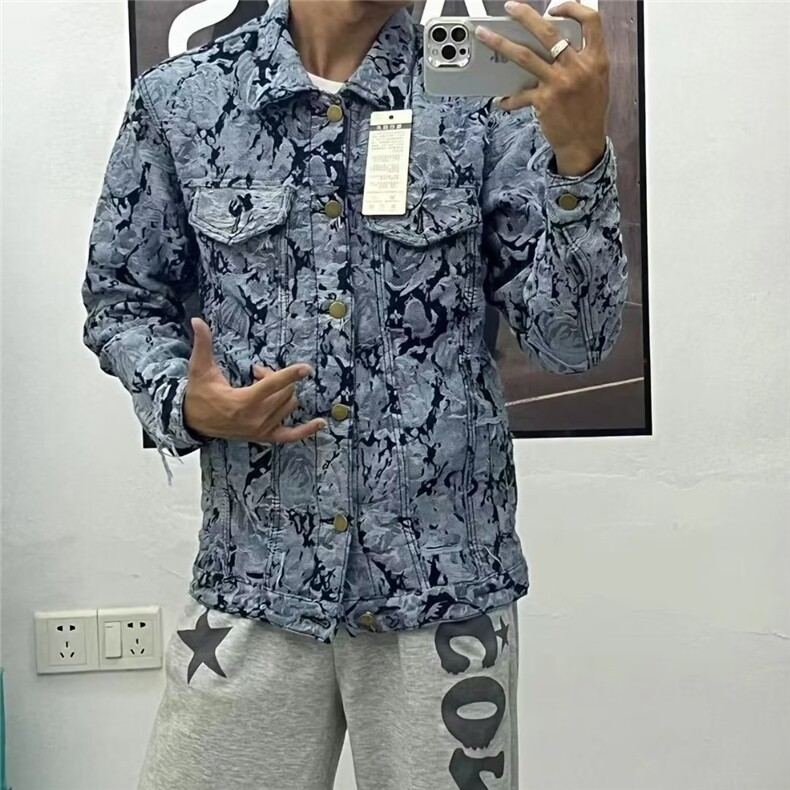 潮牌翻领春季修身破洞夹克牛仔外套男GM77-P73图片