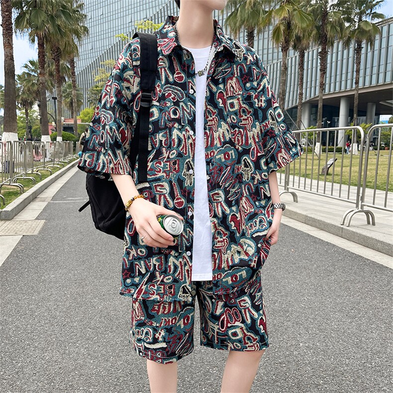夏季海边沙滩男女同款休闲套装潮牌宽松大码XZ102B-1-TZ2560P55,男装休闲套装,星座102B-1