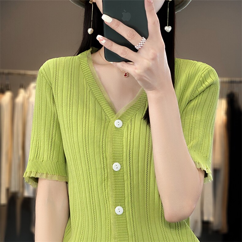 蕾丝开衫短袖t恤女夏季2025新款打底衫洋气女装冰丝针织上衣,针织衫/毛衣,思牵羊绒