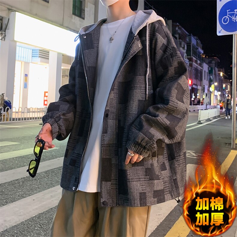 JK6007/P80加棉P90冬装港风牛仔连帽格子夹克男大码外套上衣男,男装夹克,电商A141