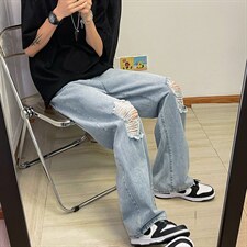 新款男女高街破洞宽直筒个性潮牌牛仔裤长裤子NZ689批45控68，男装牛仔裤，星座715