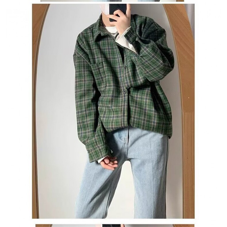 日系格子工装衬衫男通勤港味休闲长袖衬衣潮流外套1008-LC219-p50,男装衬衫,星座1008