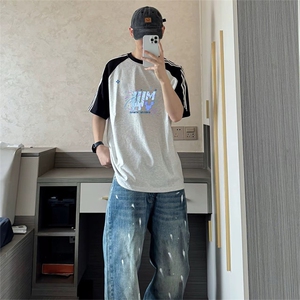 抖音得物品质二开240克宽松纯棉美式潮牌插肩三杠织带短袖T恤图片