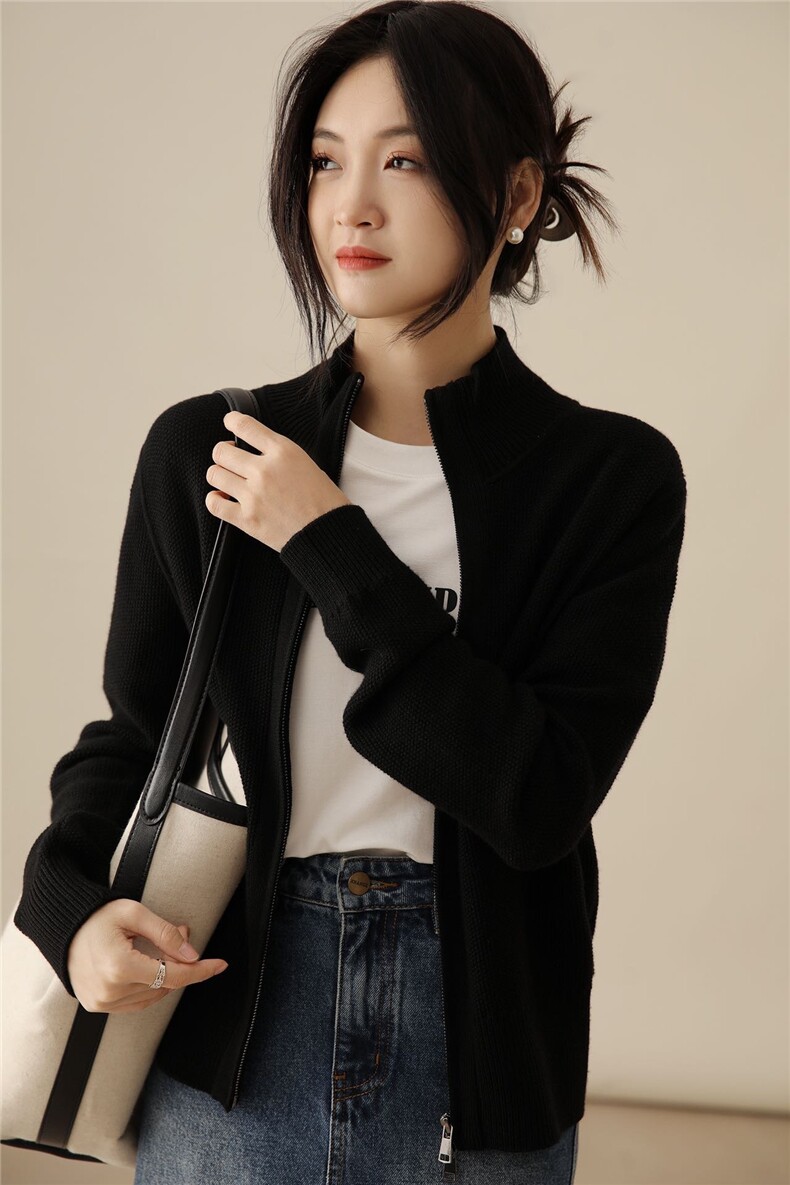 时尚百搭纯色开衫女秋冬新款羊毛针织外套毛衣上衣,针织衫/毛衣,沐策羊绒
