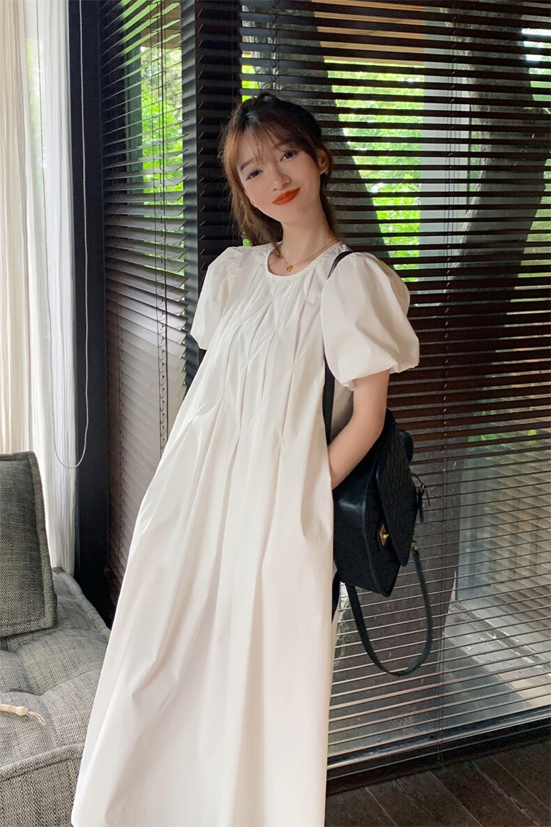 白色泡泡袖初恋连衣裙女2024年夏季新款法式简约宽松小个子茶歇裙,女装连衣裙,浙宝276（原081）