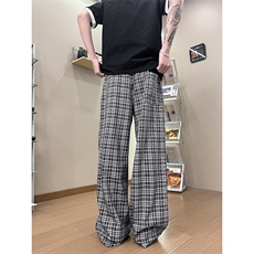 XK468-P35灰色格子裤男夏季薄款慵懒松弛感美式休闲阔腿直筒裤，男装休闲裤，电商A178