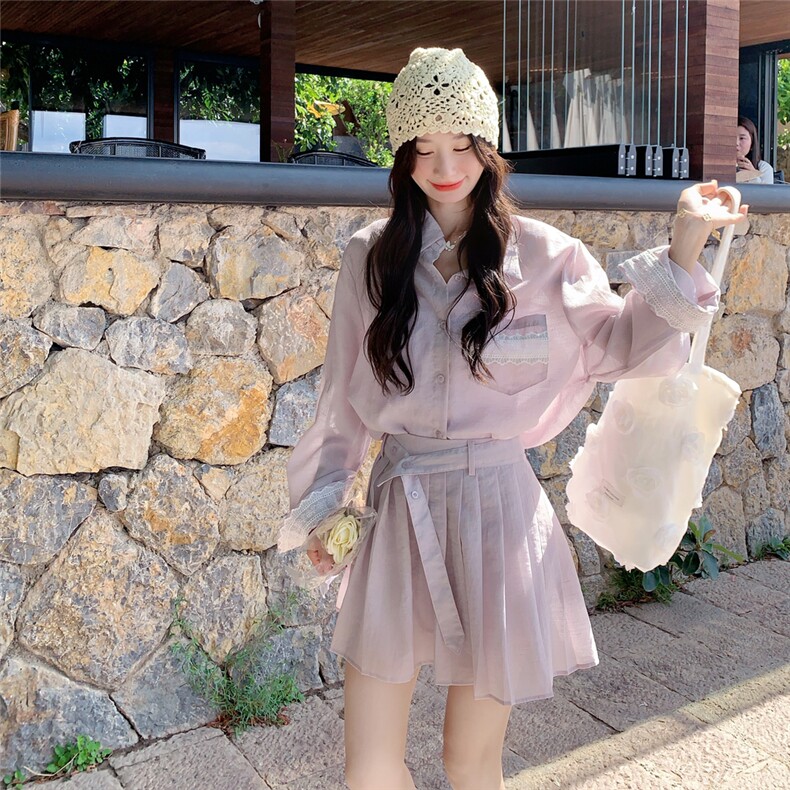粉紫色衬衫百褶裙套装女夏2025新款小个子两件套韩系慵懒chic绝美图片