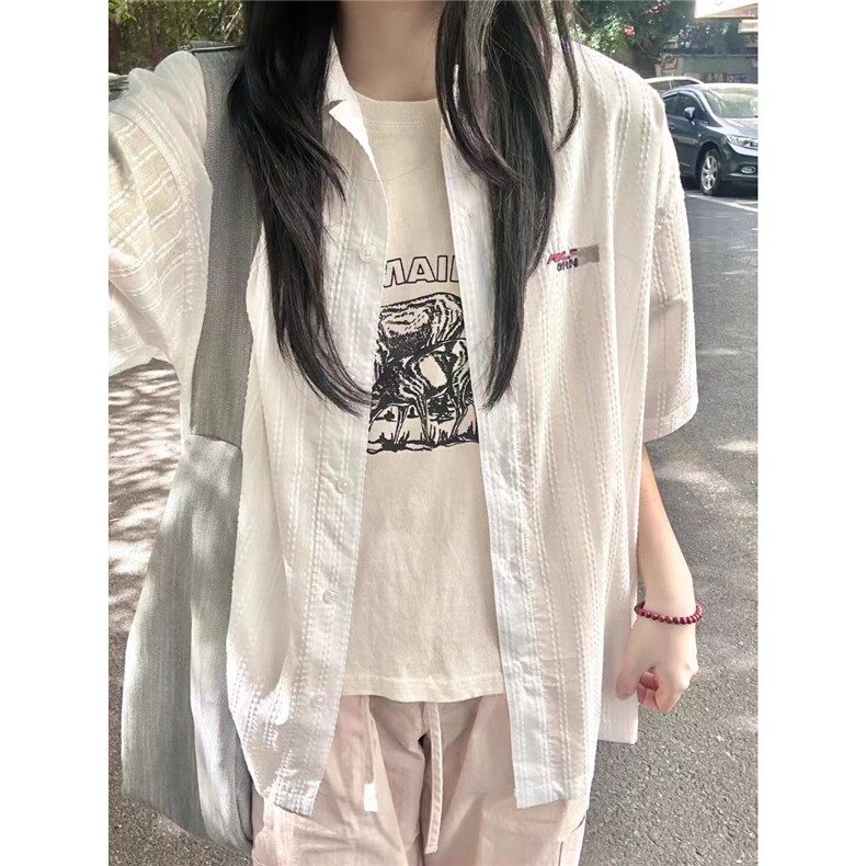 独特好看短袖衬衫女小个子夏季复古刺绣宽松百搭半袖条纹衬衣上衣图片