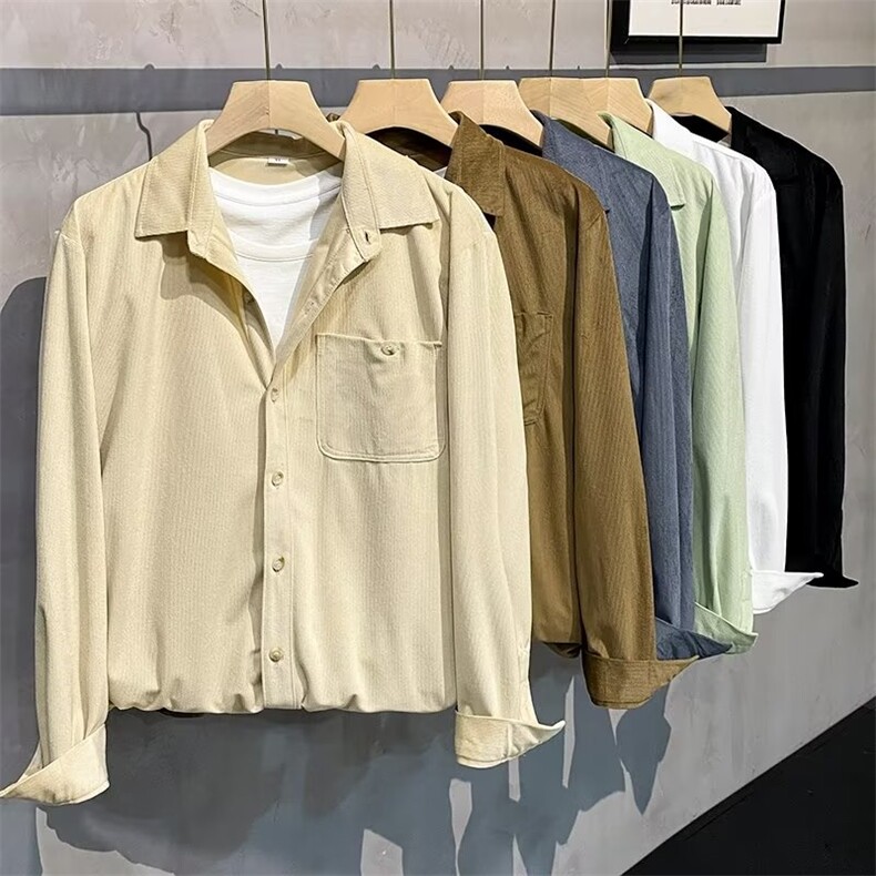 日系复古棕色灯芯绒衬衫男长袖秋季条绒翻领衬衣外套韩版修身Y41，男装衬衫，星座1116A-2（原606A-1）