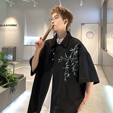 新中式国风竹子刺绣短袖衬衫男夏季潮牌冰丝速干宽松大码衬衣外套，男装衬衫，星座301A