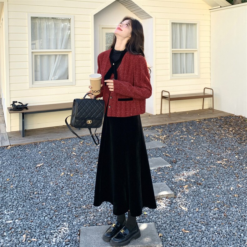 小香风拼接时尚外套半身裙两件套女冬2025新款设计ootd穿搭套装潮,女装套装/套裙,2C032