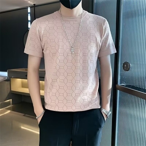 夏季薄款镂空针织短袖男t恤圆领潮流青年修身上衣图片