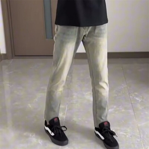 网红新款修身牛仔裤男韩版水洗黄泥做旧小直筒小脚社会长青年裤子图片