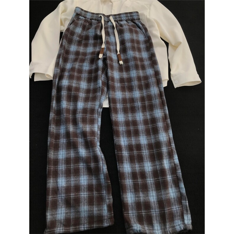 网图有货夏季藏青色格子休闲裤男薄款慵懒宽松阔腿裤女A682-P32，男装休闲裤，星座1505