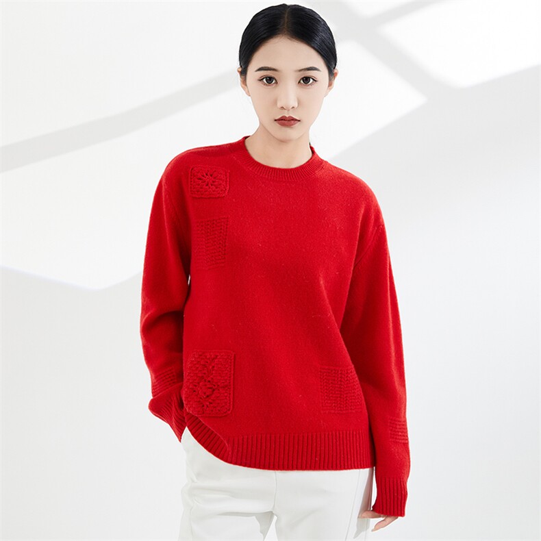 女士秋冬季新款时尚钩花圆领羊毛衫,女装羊毛衫,奢优羊绒
