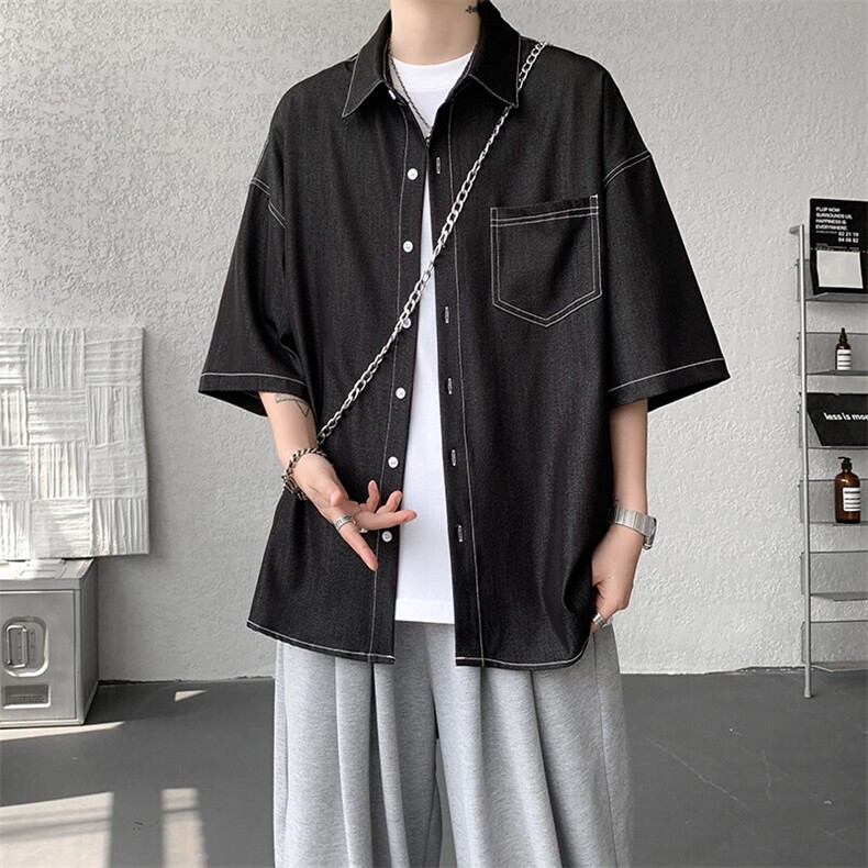 8XL-M冰丝牛仔短袖衬衫男款夏季薄款宽松慵懒衬衣外套DC28006P60,男装T恤,电商B312
