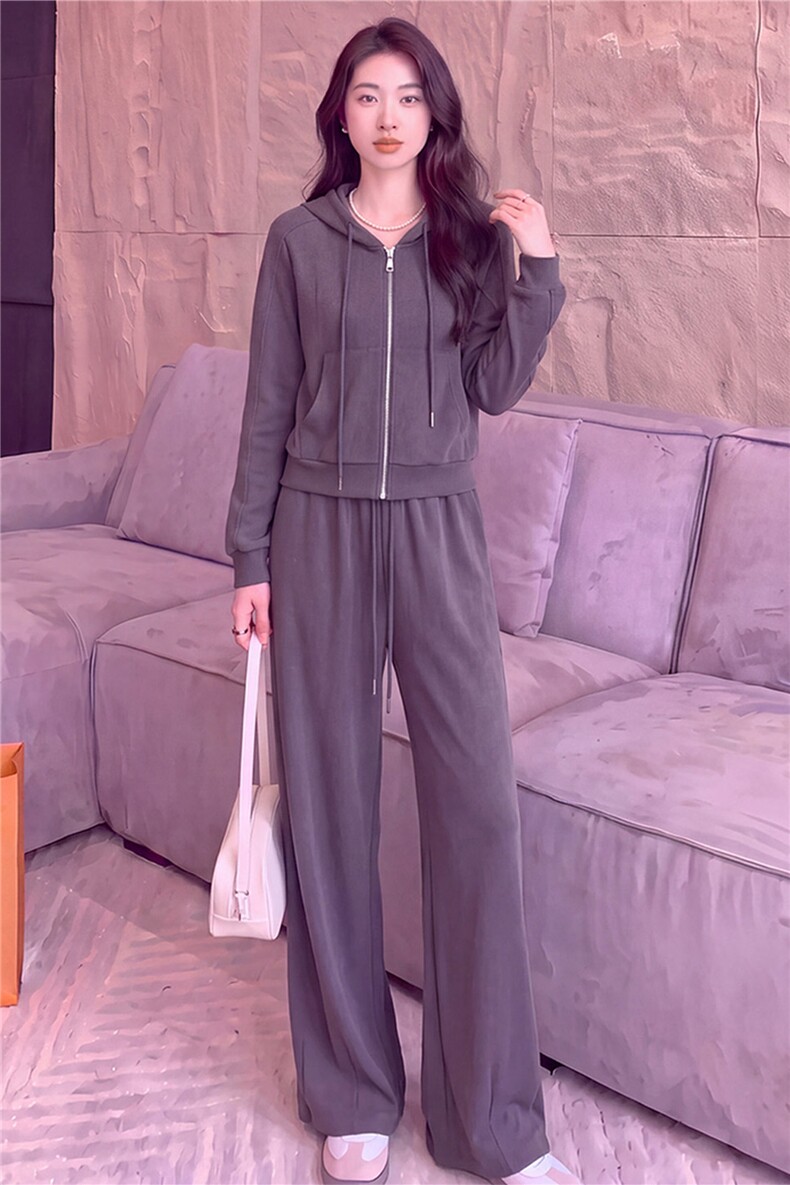女春秋新款时尚慵懒风套装灰色拉链开衫连帽长袖外套阔腿裤两件套,女装套装/套裙,江南