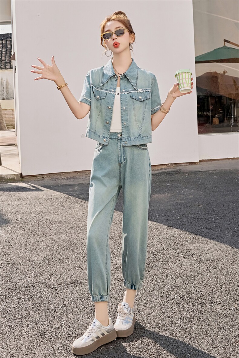 夏季时尚牛仔套装女2025年新款休闲穿搭欧货时髦洋气九分裤两件套,女装套装/套裙,意芙