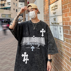 B239-1133-P38美式十字架字母印花复古水洗做旧落肩袖短袖T恤，男装T恤，星座514-2(原B239)