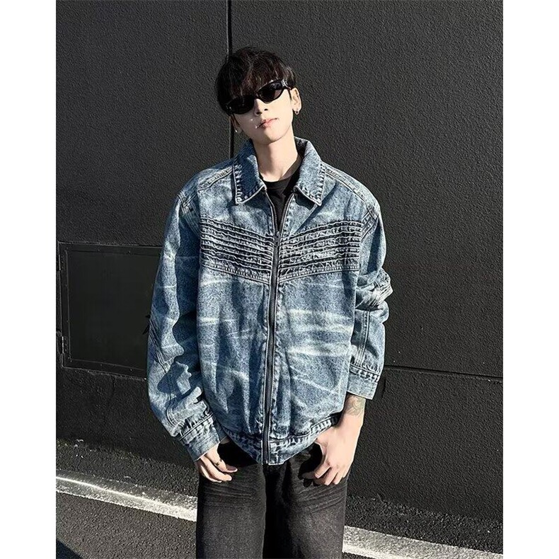压褶复古牛仔外套男2025春秋新款美式小众宽松短款夹克W6317-P77,男装工装外套,星座412-3