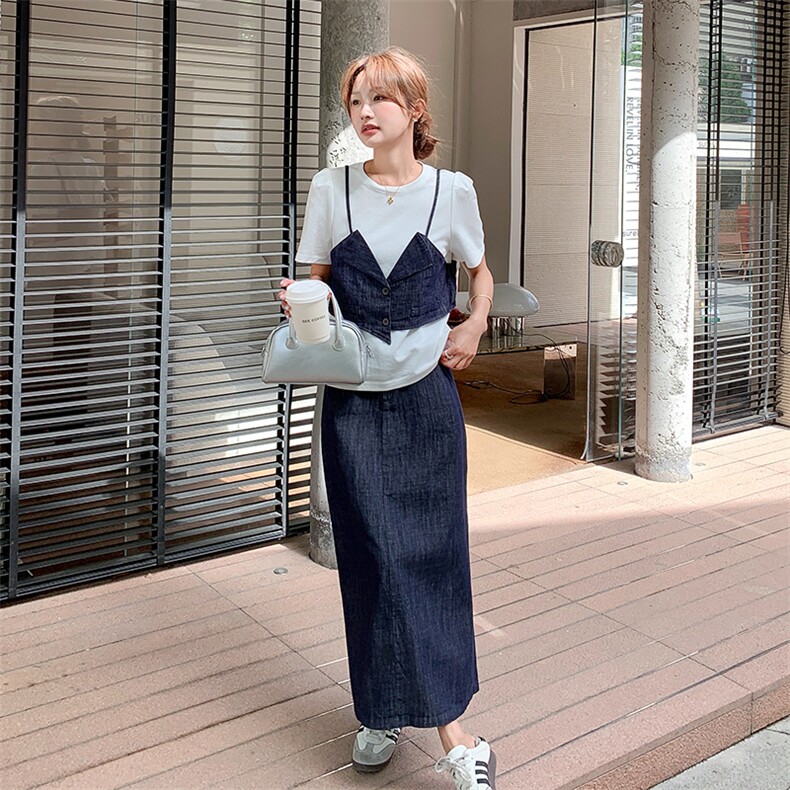 盐甜系穿搭白色假两件t恤套装女夏新款时尚洋气牛仔阔腿裤两件套,女装套装/套裙,1C151