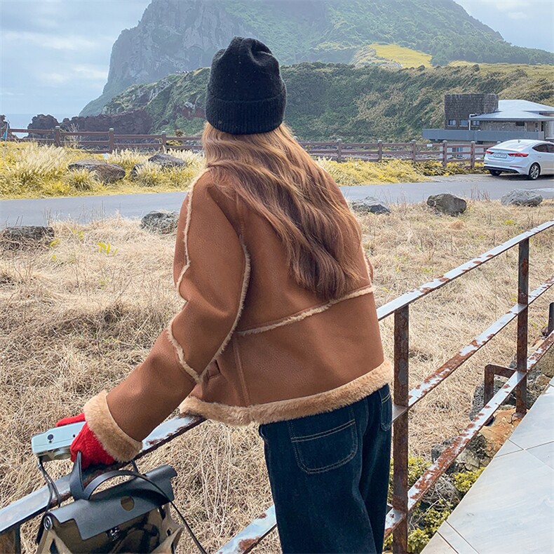 美拉德咖色羊羔毛外套女冬季2025新款时尚皮毛一体麂皮绒加厚棉服,女装羊羔毛/颗粒绒,诺蝶