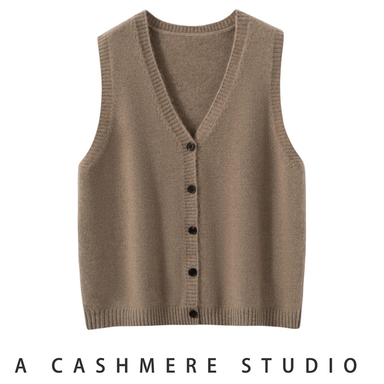 2025年秋季时尚百搭通勤简约双股V开衫马甲，女装马甲，朝思纯山羊绒