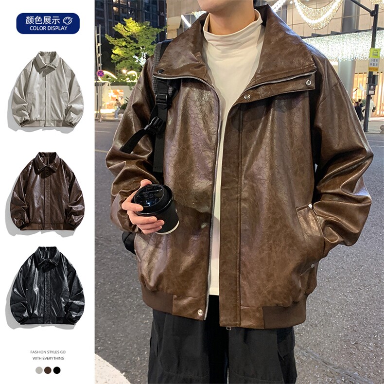 春季潮牌皮衣美式复古情侣翻领PU皮休闲宽松皮夹克外套JK0263-P78,男装夹克,星座308B-2