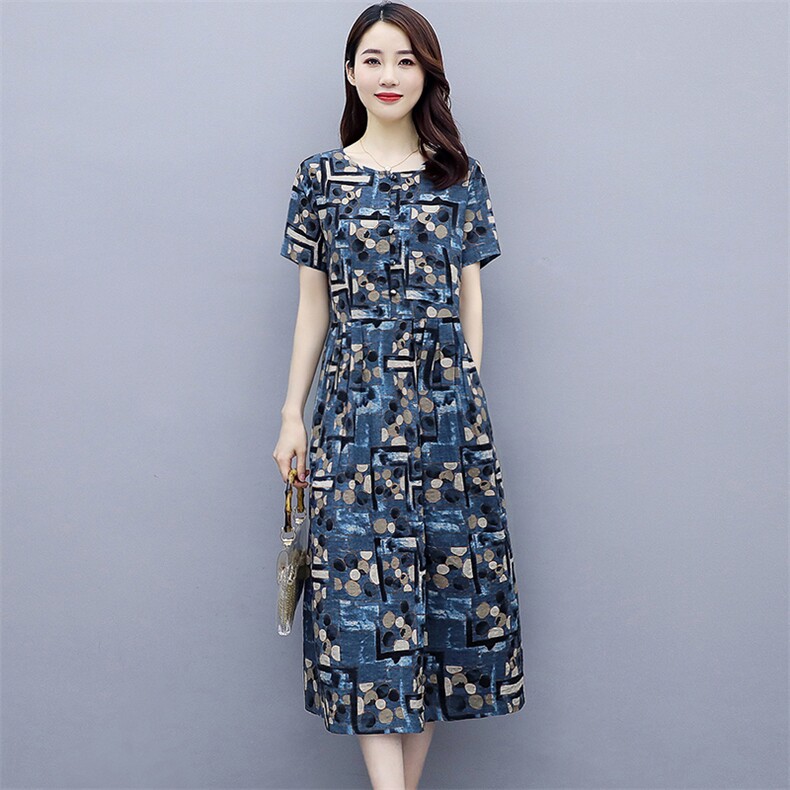 连衣裙2025年夏季时尚气质优雅印花圆领插袋,女装连衣裙,倪叶myz