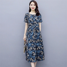 连衣裙2025年夏季时尚气质优雅印花圆领插袋，女装连衣裙，倪叶myz