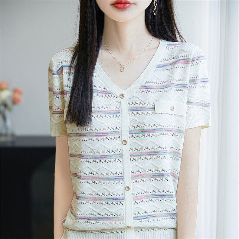 今年新款2025夏显瘦减龄百镂空彩色条纹针织衫V领短袖上衣女上衣,针织衫/毛衣,皓宇羊绒