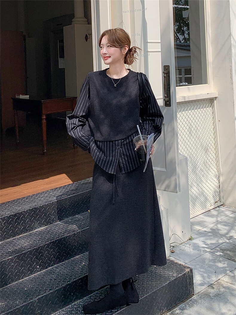 韩系慵懒气质套装裙女收腰显瘦条纹拼接上衣2025新款半身裙两件套,女装套装/套裙,浙宝301