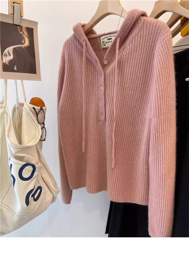 2025简约百搭时尚套头抽条帽衫，女装针织衫/毛衣，胜智羊绒