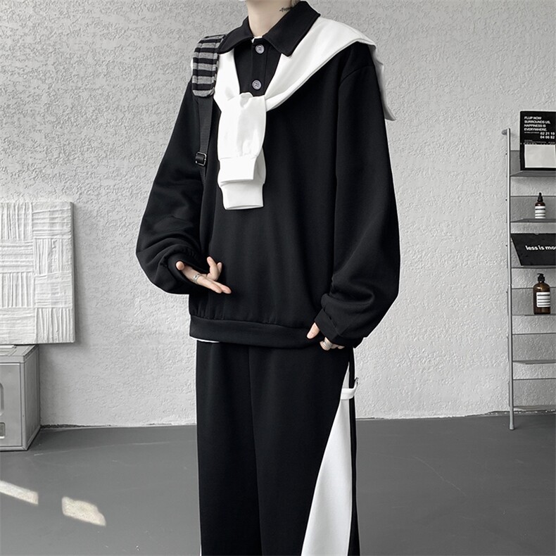 5XL-M潮流高级感披肩撞色拼接翻领百搭卫衣宽松弯刀长裤TZ113P118，男装卫衣，电商D206-1