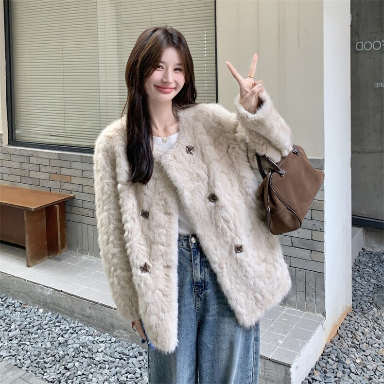 米白色秋冬皮毛一体外套女仿水貂绒休闲上衣2D045-P215-K288,女装皮草,2D045