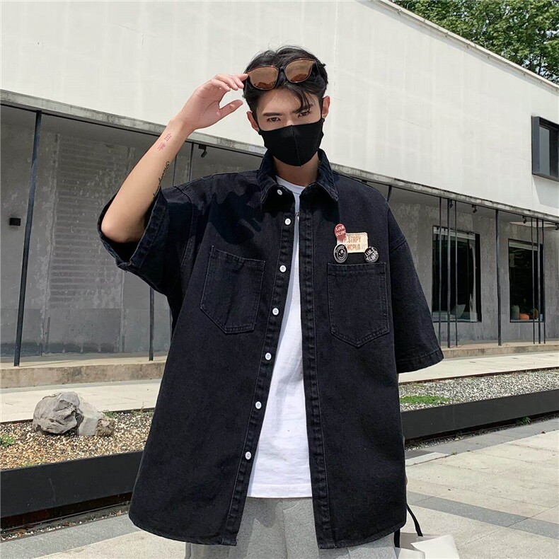 2025夏新款五分袖潮方领男ins简约文艺衬衫C1012,男装T恤,星座1108