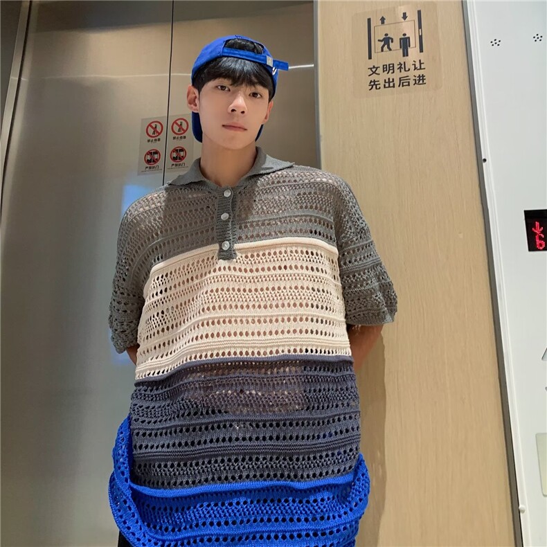 小众镂空拼接翻领polo纽扣针织短袖男宽松夏季拼色T恤Y044-P40，男装Polo衫，星座308B-1