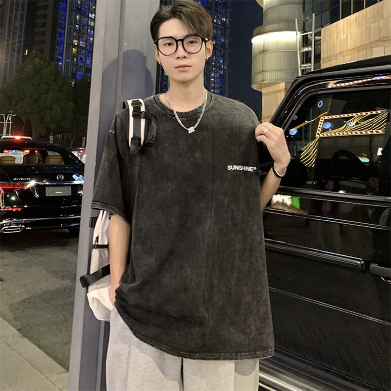 220克水洗做旧短袖T恤棉M-3XL情侣男女V1宽松圆领半袖潮团队,男装T恤,星座115A-3